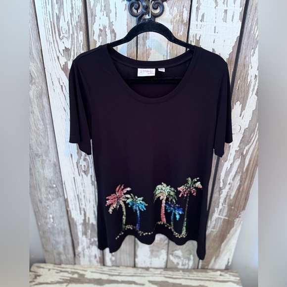 Dream Knit by Quaker Factory Palm Tree Sequin Top size  Medium Black - Picture 3 of 6
